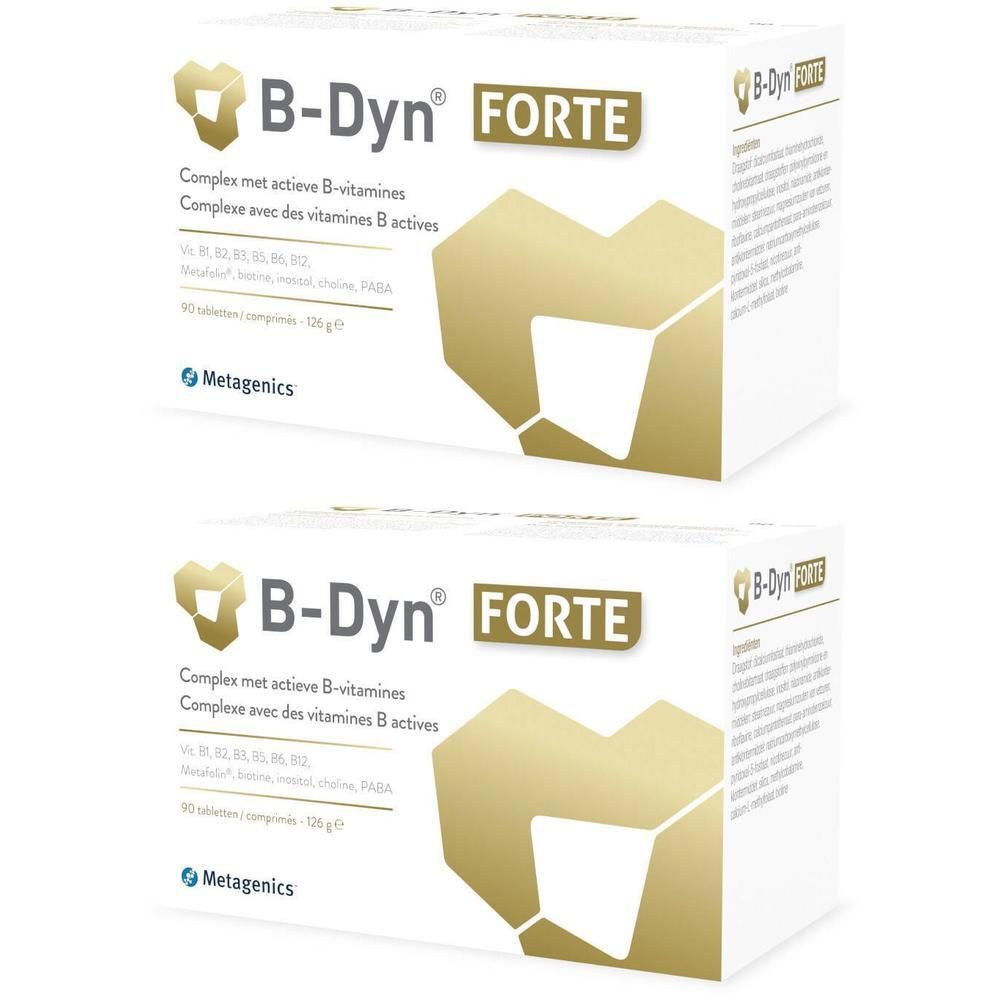 Deux boîtes de B-Dyn® FORTE. Boîtes blanches avec logo et texte dorés. Contient des vitamines B.