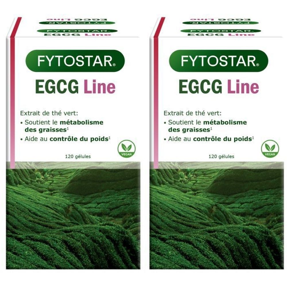 Deux boîtes "Fytostar EGCG Line". Texte en français: "120 gélules", "Vegan". Fond: plantation de thé.