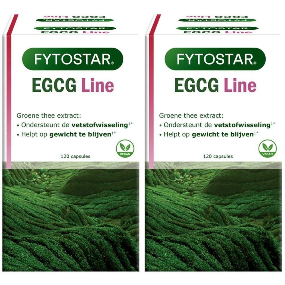 Deux boîtes "Fytostar EGCG Line". Texte: "120 capsules", "Vegan". Fond: plantation de thé vert.