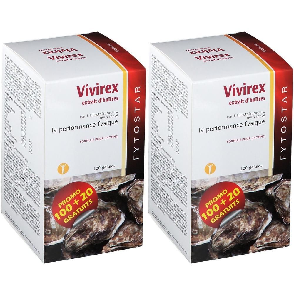Deux boîtes blanches Vivirex extrait d'huîtres, 120 gélules. Étiquette rouge: Promo 100 + 20 gratuits. Texte en français.