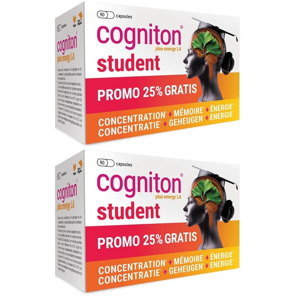 Deux boîtes de Cogniton Student. Emballage avec nom du produit, texte promo et illustration d'un cerveau. En haut à gauche: 90 capsules.