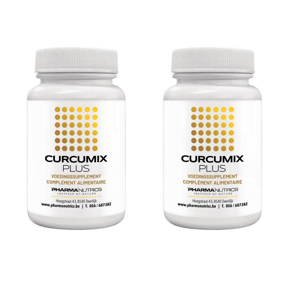 Deux flacons blancs avec bouchons à vis. Inscription Curcumix Plus, 120 comprimés. Motif doré et texte.
