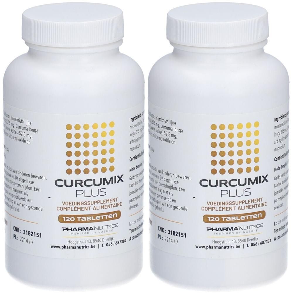 Deux flacons blancs avec bouchons à vis. Inscription Curcumix Plus, 120 comprimés. Motif doré et texte.