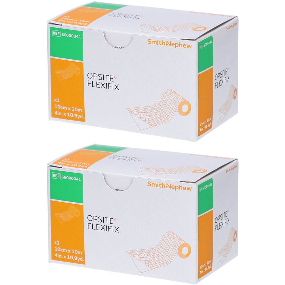 Deux boîtes OPSITE FLEXIFIX. Inscriptions : Smith+Nephew, 10cm x 10m, x1, 4in x 10.9yd. Accents verts et oranges.