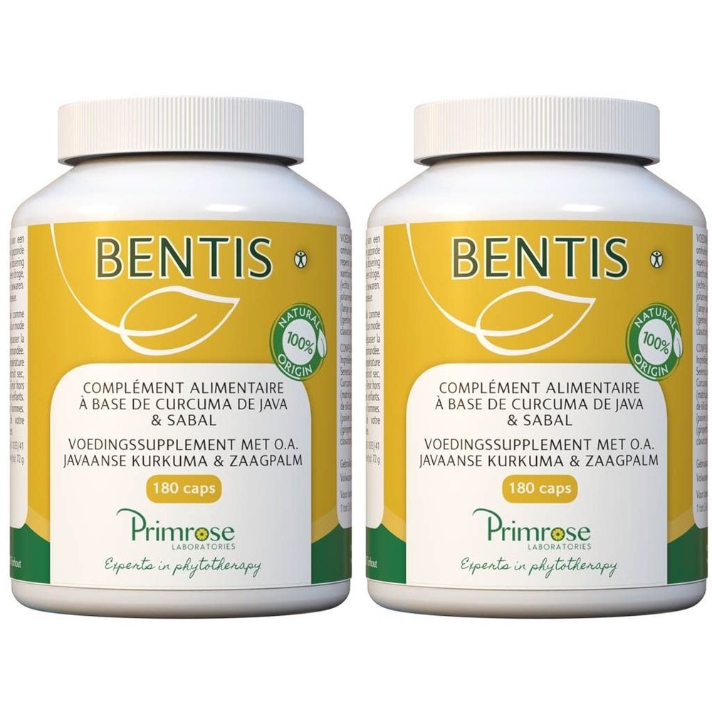Deux flacons blancs avec étiquettes jaunes. Inscription: BENTIS, 180 capsules. Primrose Laboratoires.