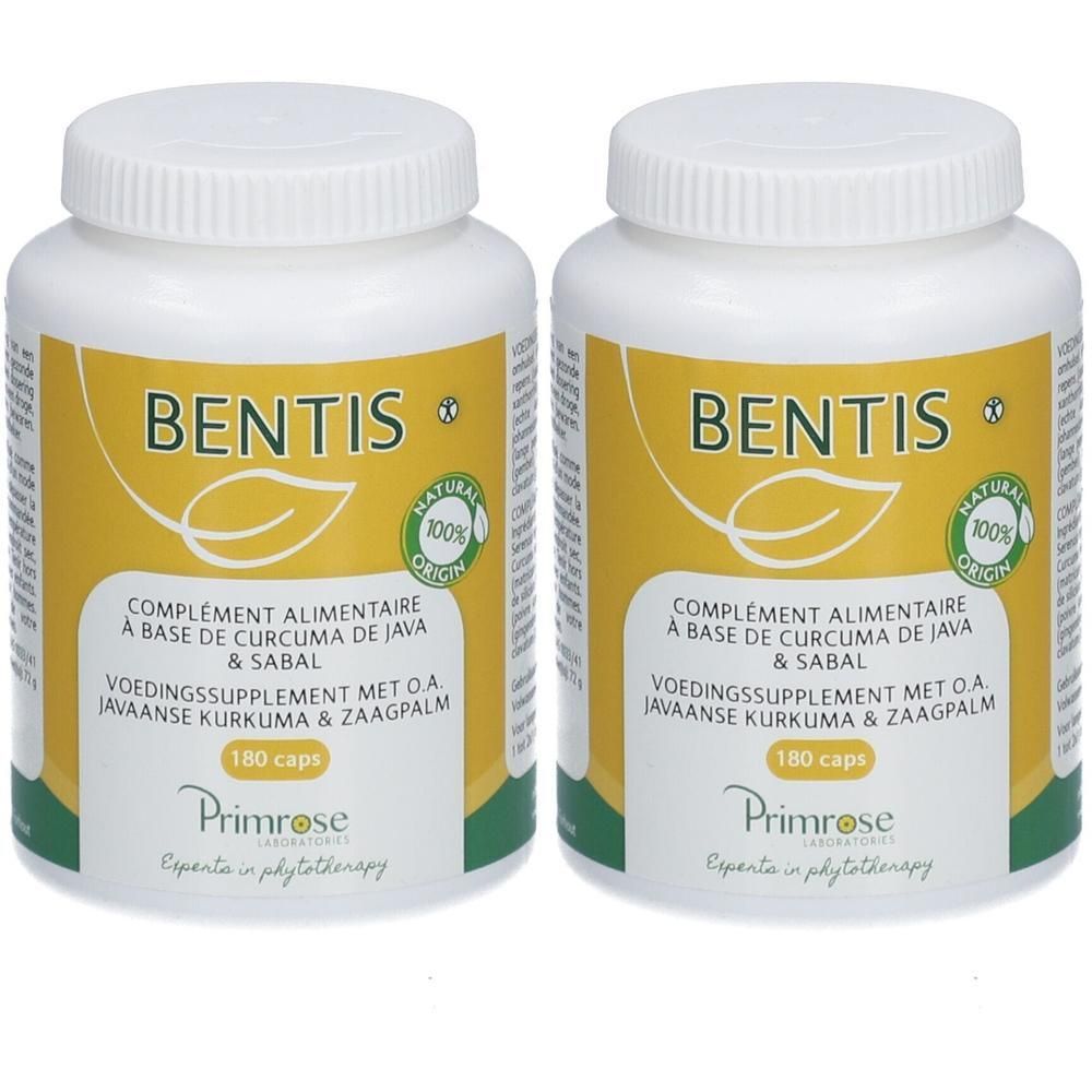Deux flacons blancs avec étiquettes jaunes. Inscription: BENTIS, 180 capsules. Primrose Laboratoires.