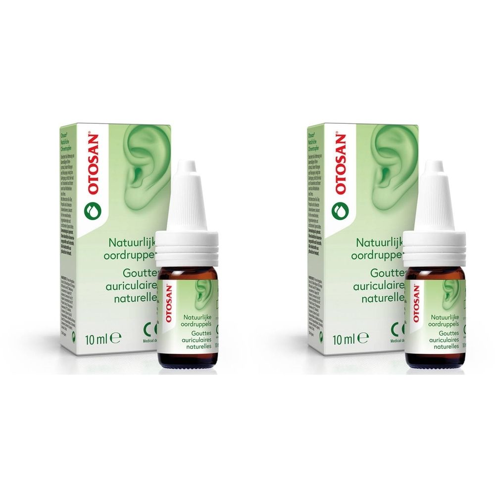 Deux flacons compte-gouttes et deux boîtes vertes avec le mot OTOSAN. Inscription : Gouttes auriculaires naturelles.