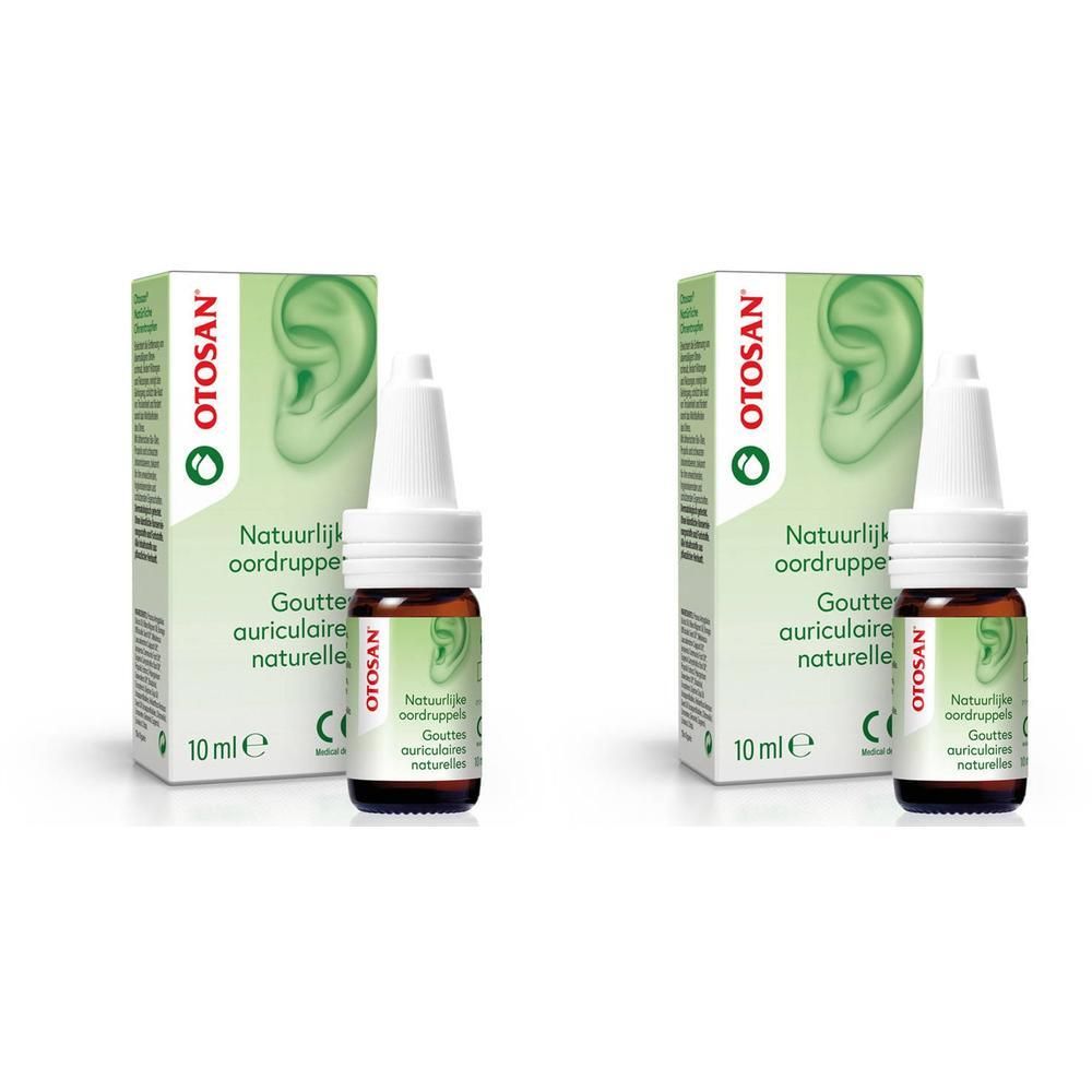Deux flacons compte-gouttes et deux boîtes vertes avec le mot OTOSAN. Inscription : Gouttes auriculaires naturelles.