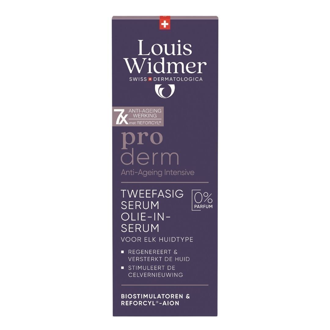 Deux flacons de sérum Louis Widmer Proderm. Autocollant jaune avec texte 1+1.