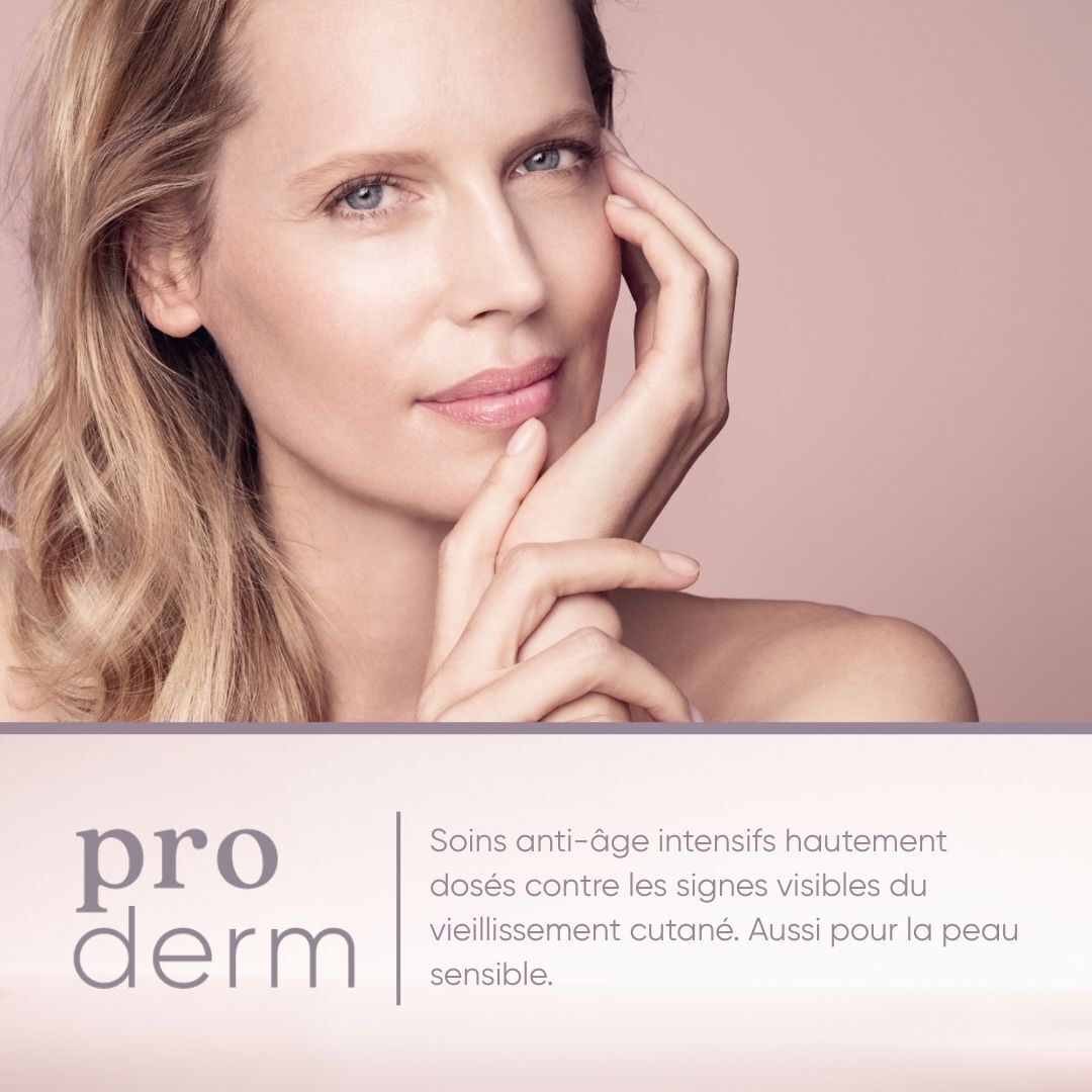Comparaison avant-après. Flacon de sérum Louis Widmer Proderm. Texte : Formule éprouvée.