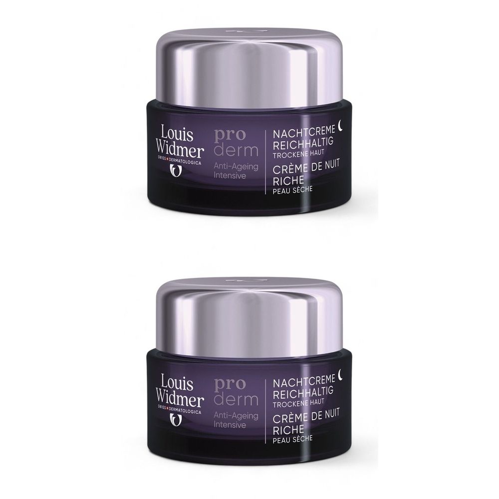 Deux pots de crème de nuit Louis Widmer Proderm. Pots violets foncés avec couvercles argentés. Texte noir.