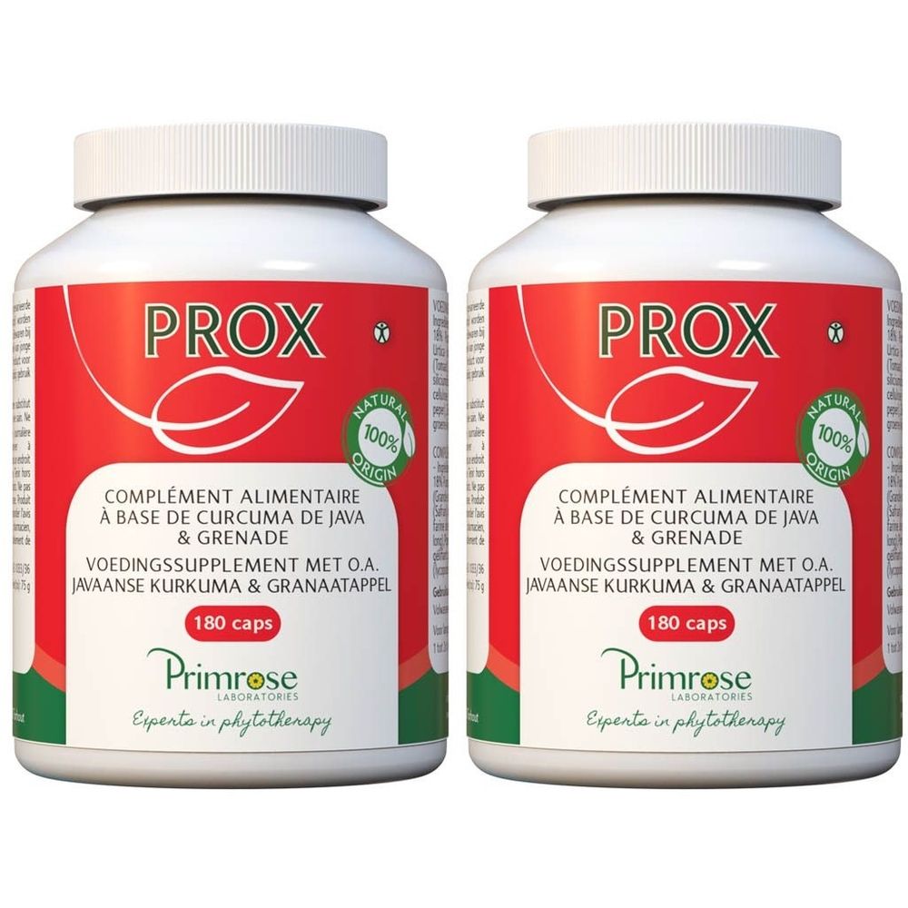 Deux flacons blancs avec étiquette rouge. Inscription : PROX, 180 capsules. Primrose Laboratories.