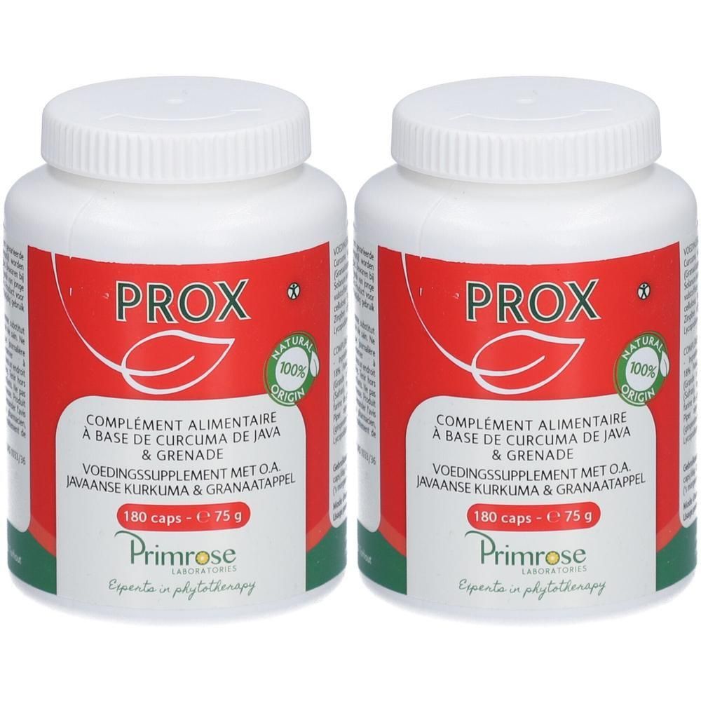 Deux flacons blancs avec étiquette rouge. Inscription : PROX, 180 capsules. Primrose Laboratories.