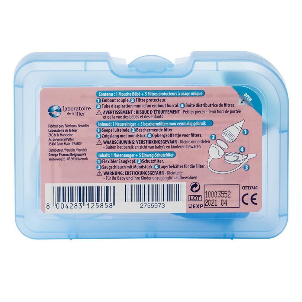Dos d'une boîte bleue avec informations sur le produit. Contient: aspirateur nasal, filtres, tube, embout buccal, récipient.