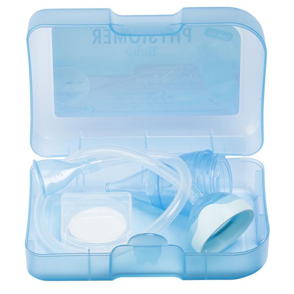 Boîte bleue ouverte avec composants du nettoyeur nasal. Contient: aspirateur nasal, filtres, tube, embout buccal, récipient.