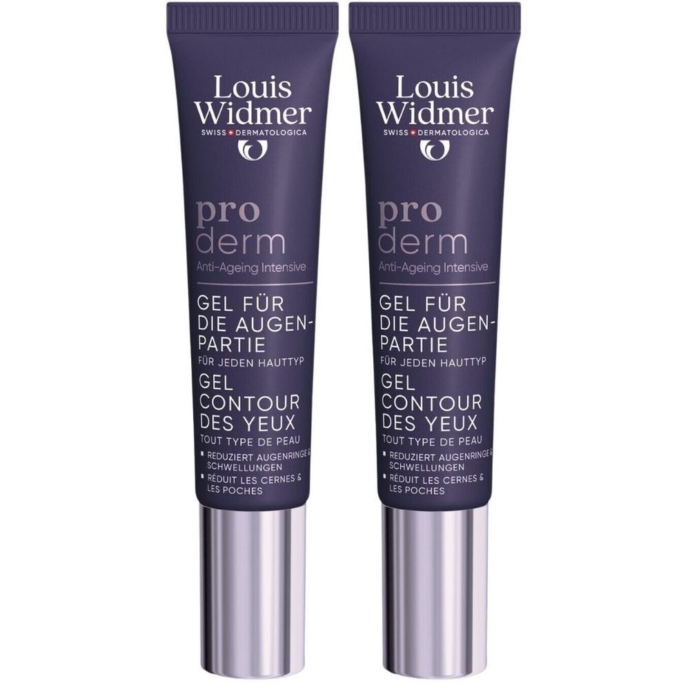 Deux tubes de gel Proderm pour le contour des yeux. Tubes violets foncés avec bouchons argentés. Texte en allemand et français.