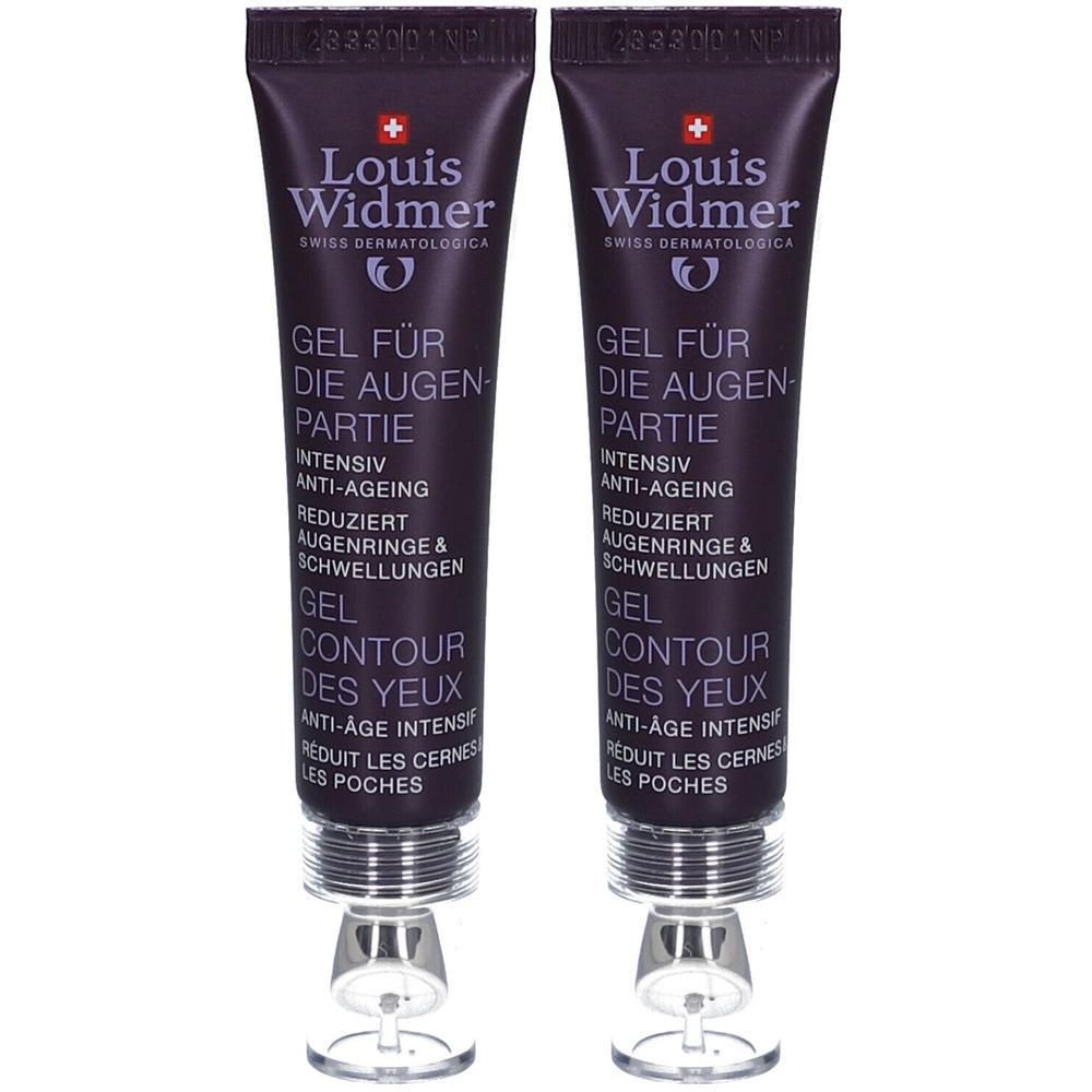 Deux tubes de gel pour le contour des yeux Louis Widmer. Tubes violets foncés avec bouchons argentés et applicateurs roll-on. Texte en allemand et français.