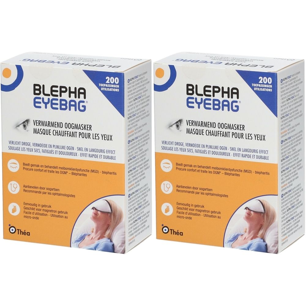 Deux boîtes Blepha Eyebag. Inscription du nom du produit, texte en néerlandais, français et allemand. Illustration d'une femme avec un masque.