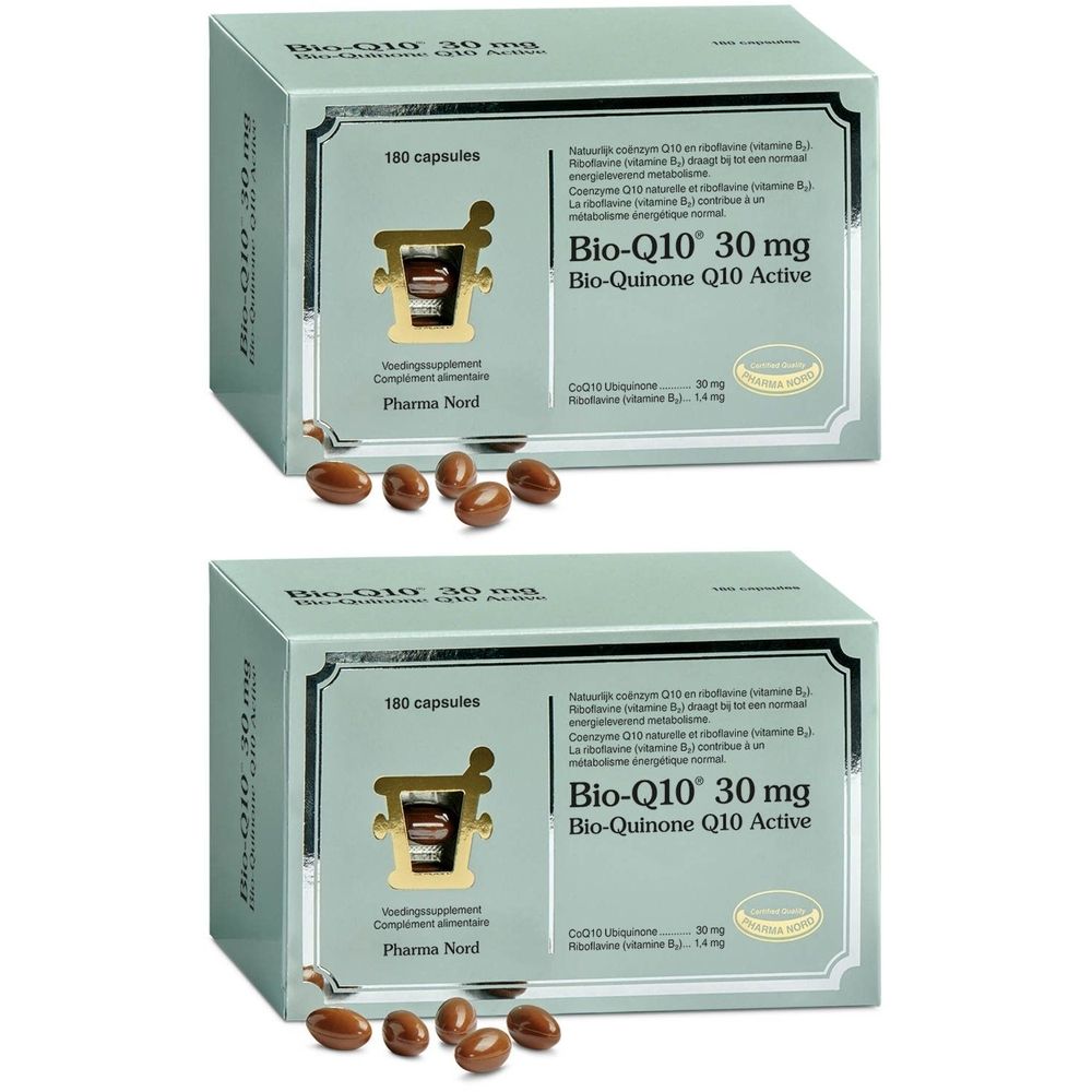 Deux boîtes de Pharma Nord Bio-Q10 30 mg. Capsules brunes devant. Inscription : 180 capsules, Bio-Q10 30 mg, Bio-Quinone Q10 Active.