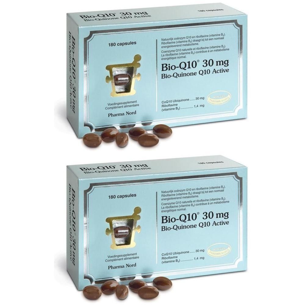 Deux boîtes de Pharma Nord Bio-Q10 30 mg. Capsules brunes devant. Inscription : 180 capsules, Bio-Q10 30 mg, Bio-Quinone Q10 Active.
