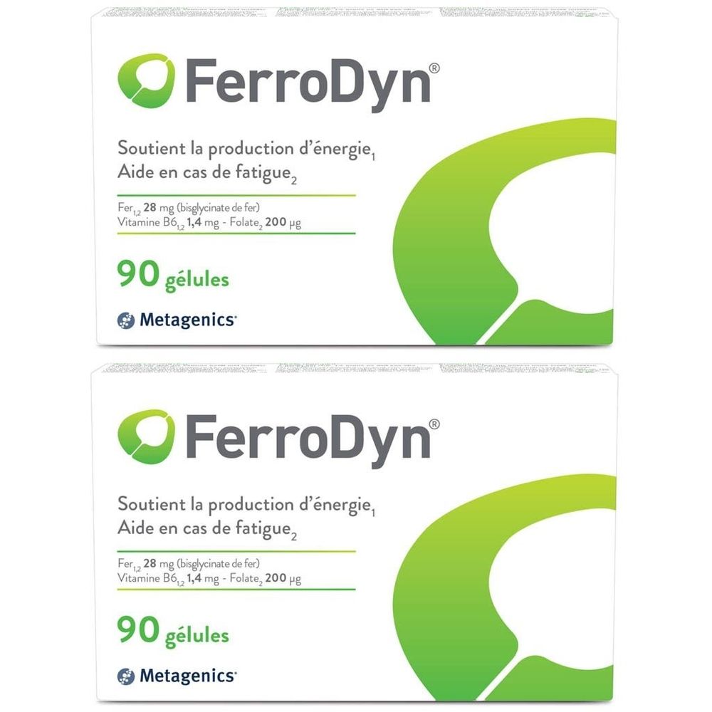 Deux boîtes de FerroDyn®. Inscription: Soutient la production d'énergie, aide en cas de fatigue. Contient 90 gélules. Marque Metagenics.