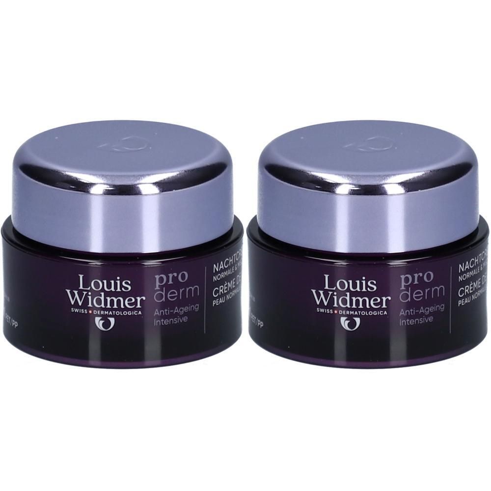 Deux pots de Louis Widmer Proderm Anti-Ageing Intensive Crème de Nuit. Pots violets foncés avec couvercles argentés. Inscriptions.