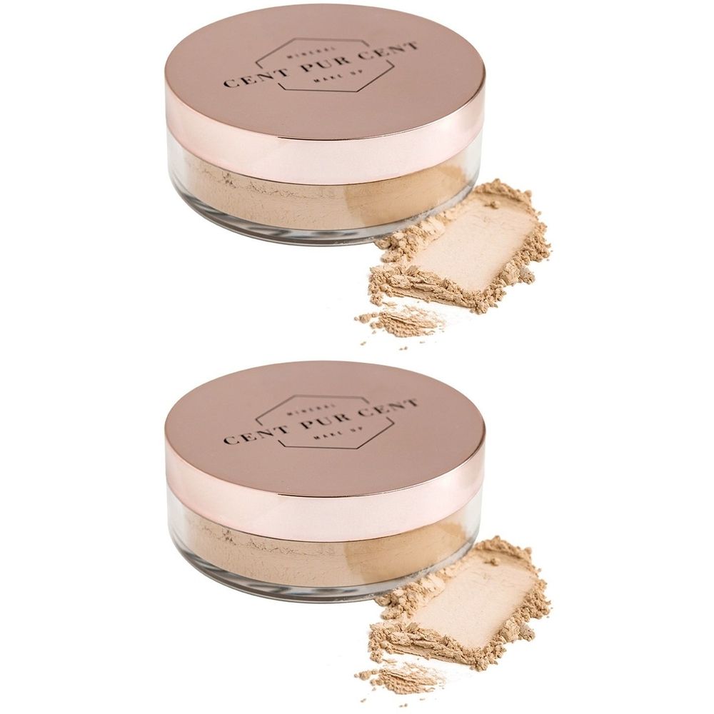 Deux pots transparents avec couvercles or rose. Inscription: MINERAL CENT PUR CENT MAKE UP. Poudre à côté.