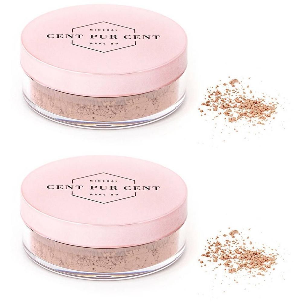 Deux pots transparents avec couvercles roses. Inscription: MINERAL CENT PUR CENT MAKE UP. Poudre en vrac à côté.