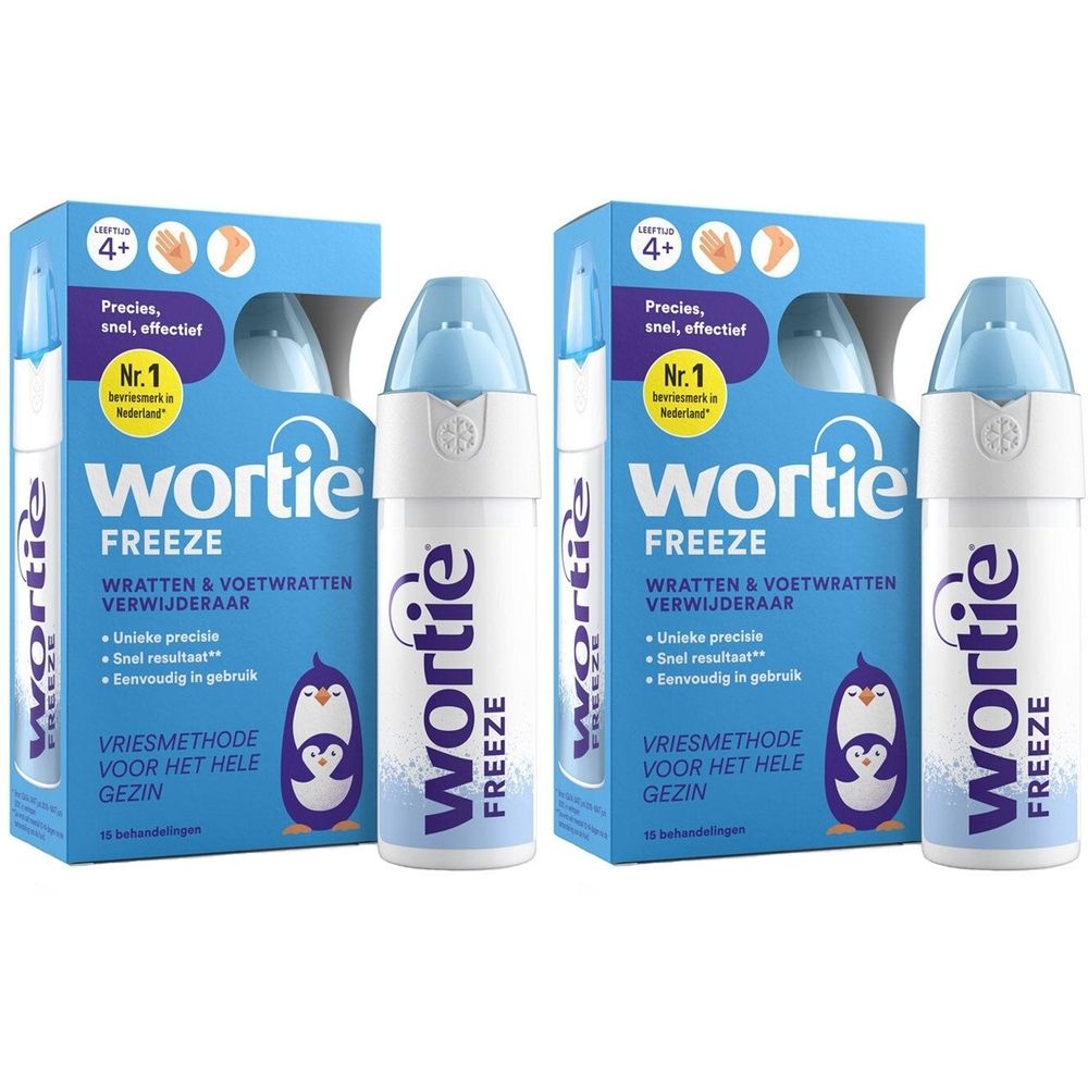 Deux boîtes et deux flacons. Emballage bleu avec nom du produit et illustration de pingouin. Flacons avec bouchon bleu.