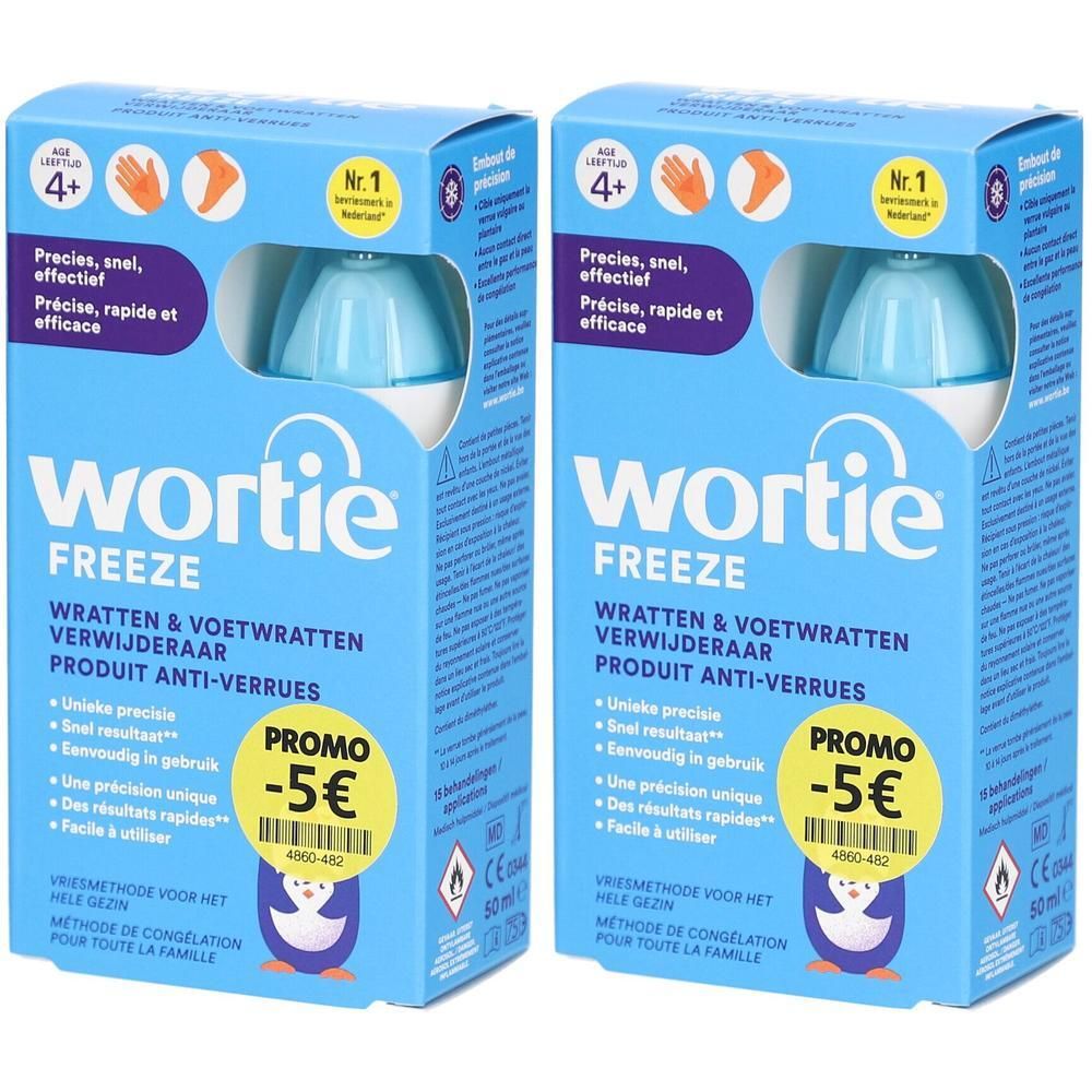 Deux boîtes du dispositif médical Wortie Freeze pour l'élimination des verrues. Emballage bleu et blanc avec un pingouin.
