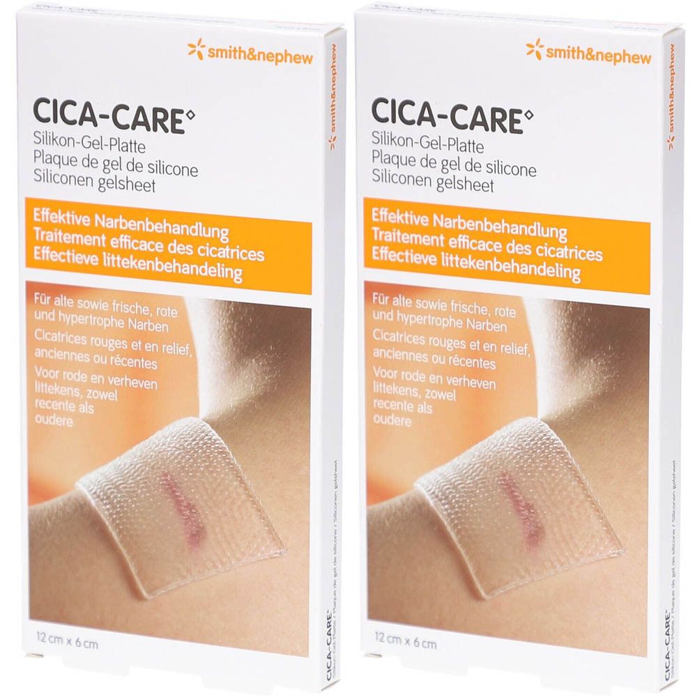 Deux boîtes Cica-Care. Impression : Smith & Nephew, Cica-Care, plaque de gel de silicone, 12 cm x 6 cm. Application sur la peau.