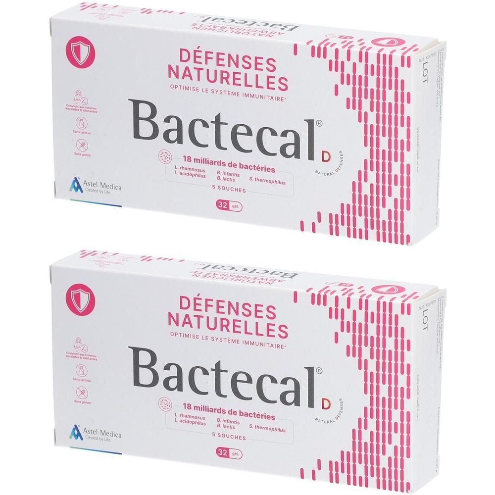 Deux boîtes de Bactecal D avec des illustrations de bactéries et un bouclier.