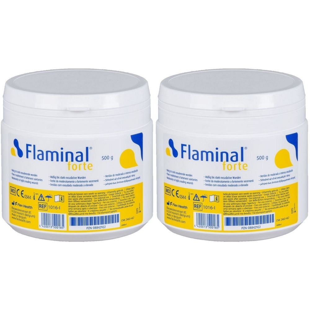 Deux pots blancs avec couvercles. Sur le devant, "Flaminal forte" avec des éléments jaunes et bleus. Autocollant avec texte et code-barres.