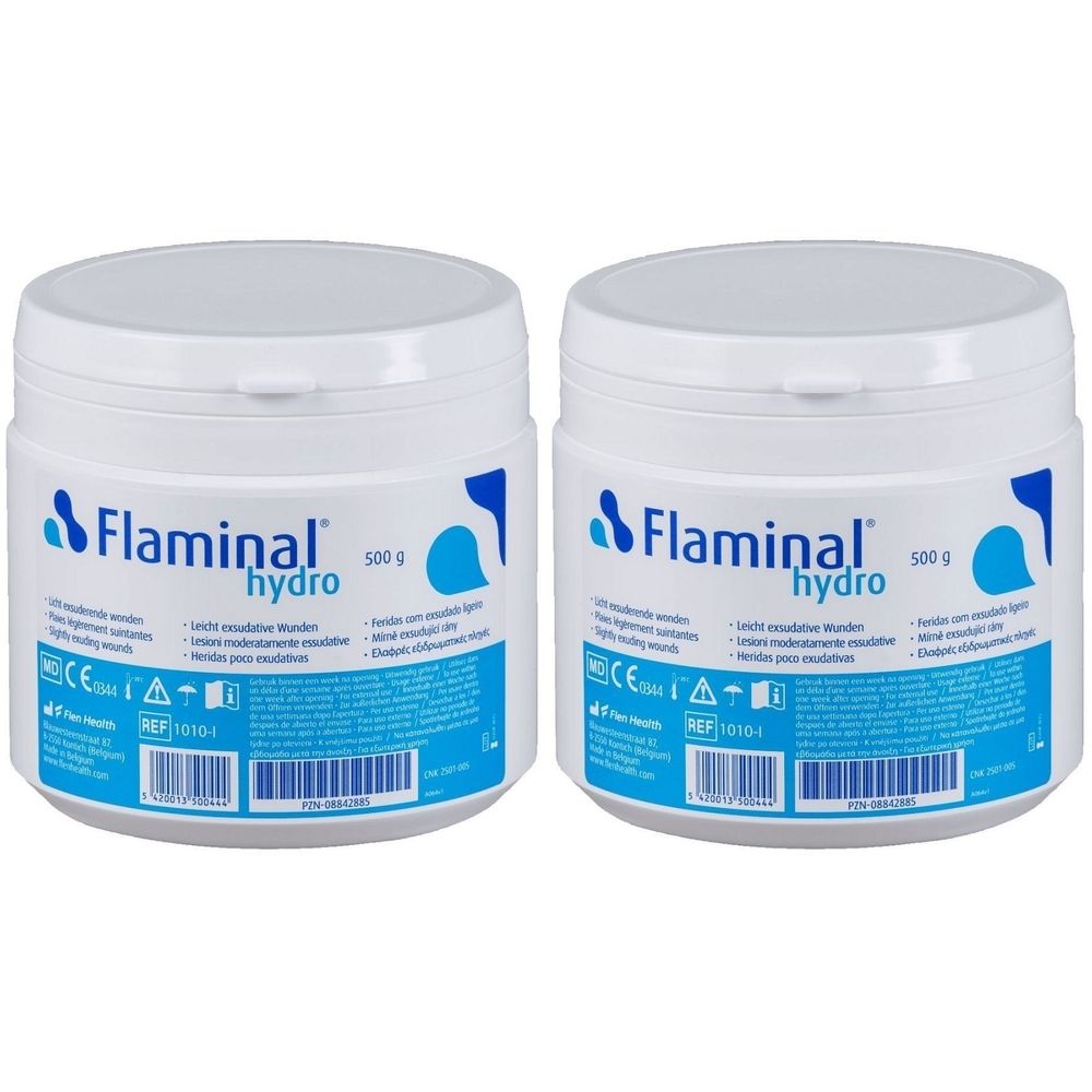 Deux pots blancs avec des étiquettes bleues et blanches. Les étiquettes indiquent "Flaminal hydro" et "500 g".