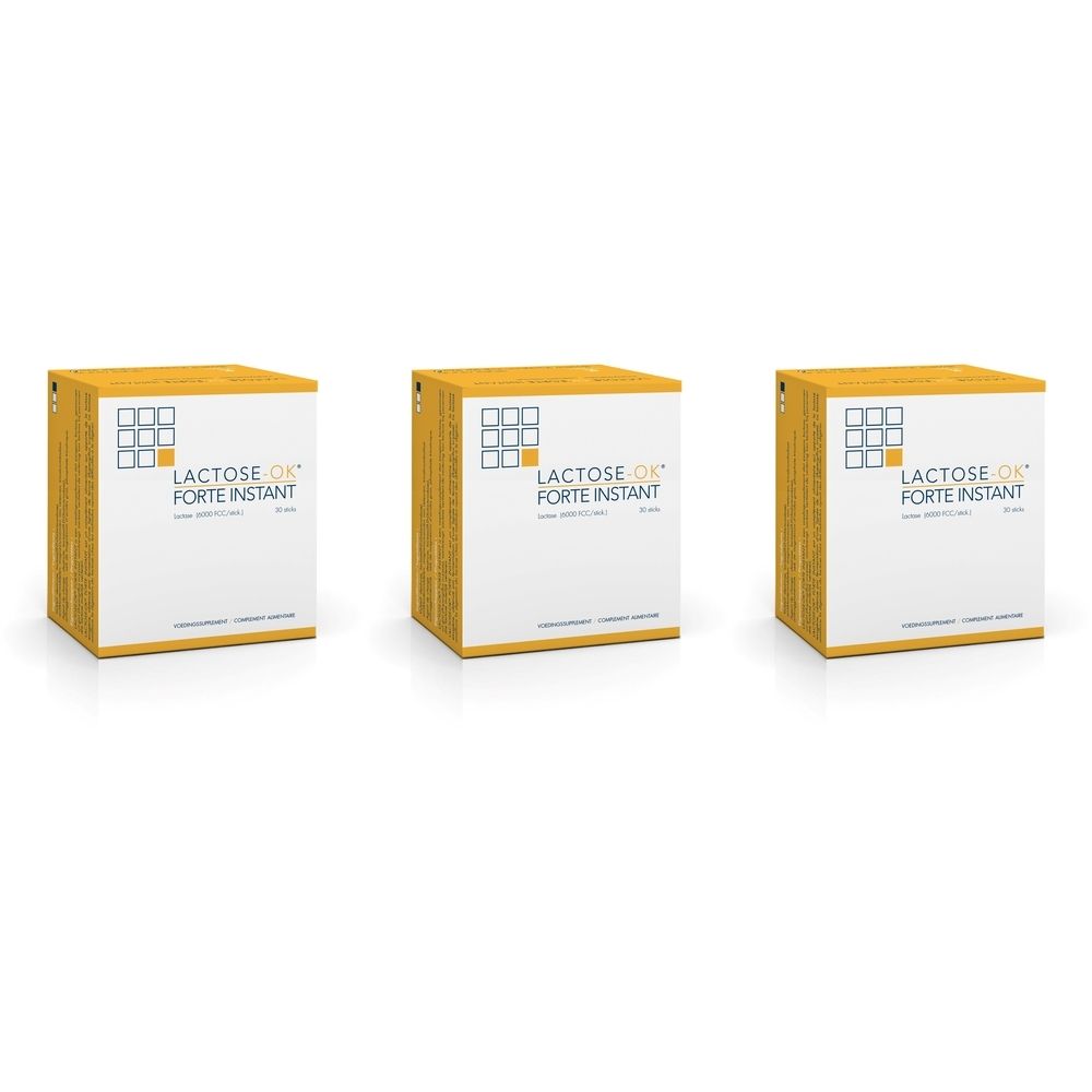 Trois boîtes carrées, face blanche, dessus jaune. Inscription: Lactose OK Forte Instant.