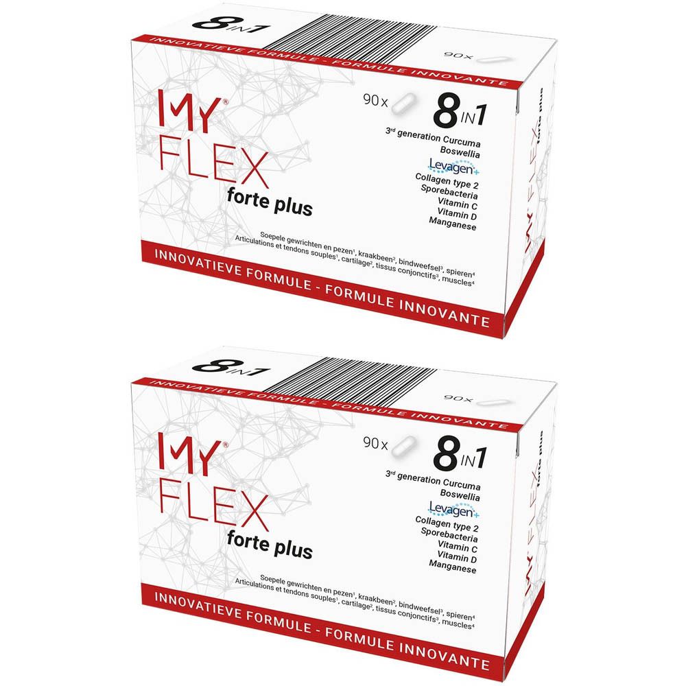 Deux boîtes de My Flex Forte Plus. Emballage blanc avec texte rouge et noir. Contient 90 gélules.