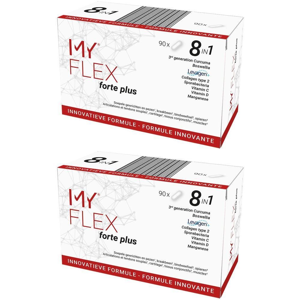 Deux boîtes de My Flex Forte Plus. Emballage blanc avec texte rouge et noir. Contient 90 gélules.