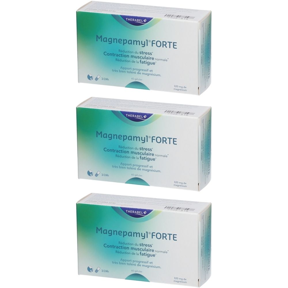 Trois boîtes de Magnepamyl Forte. Emballage blanc avec des accents verts et bleus. Texte : Réduction du stress, des contractions musculaires et de la fatigue.