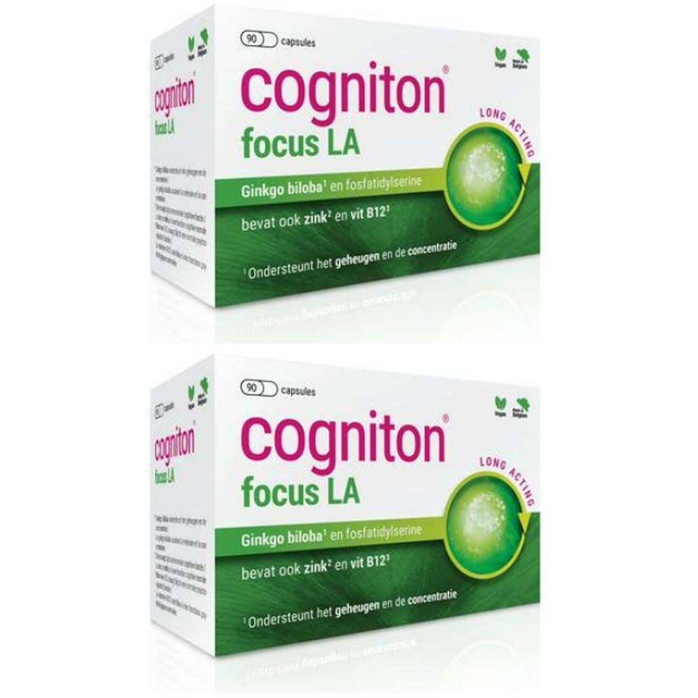Deux boîtes de Cogniton focus LA. Emballage blanc avec nom du produit et informations. Graphique vert et blanc.
