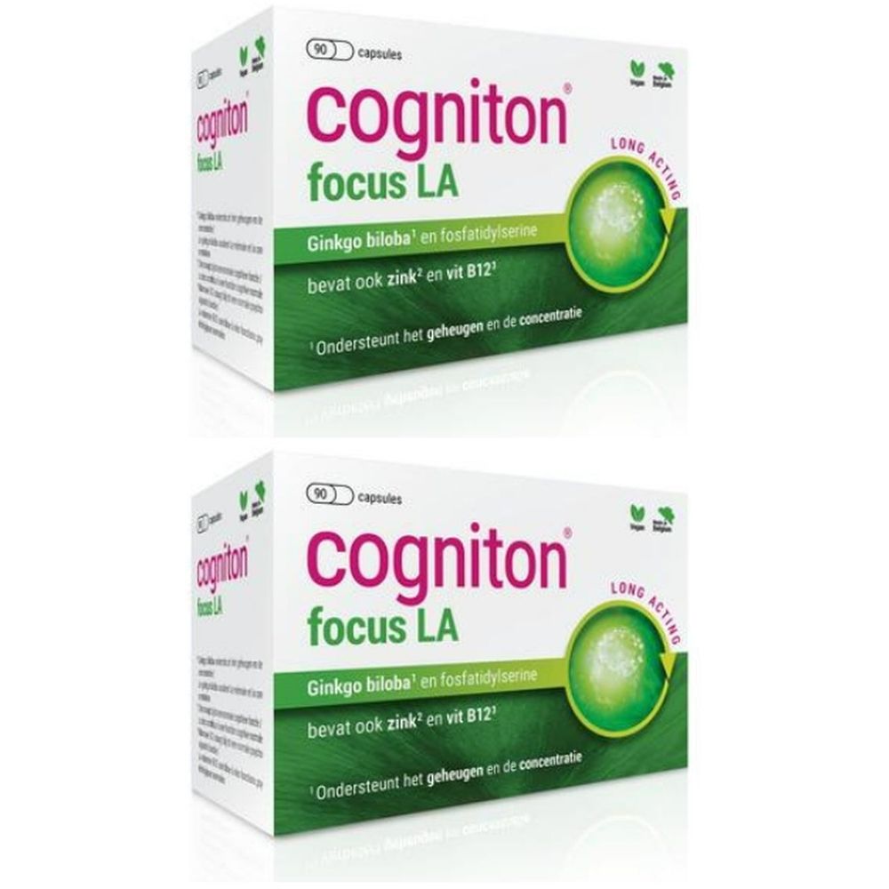 Deux boîtes de Cogniton focus LA. Emballage blanc avec nom du produit et informations. Graphique vert et blanc.