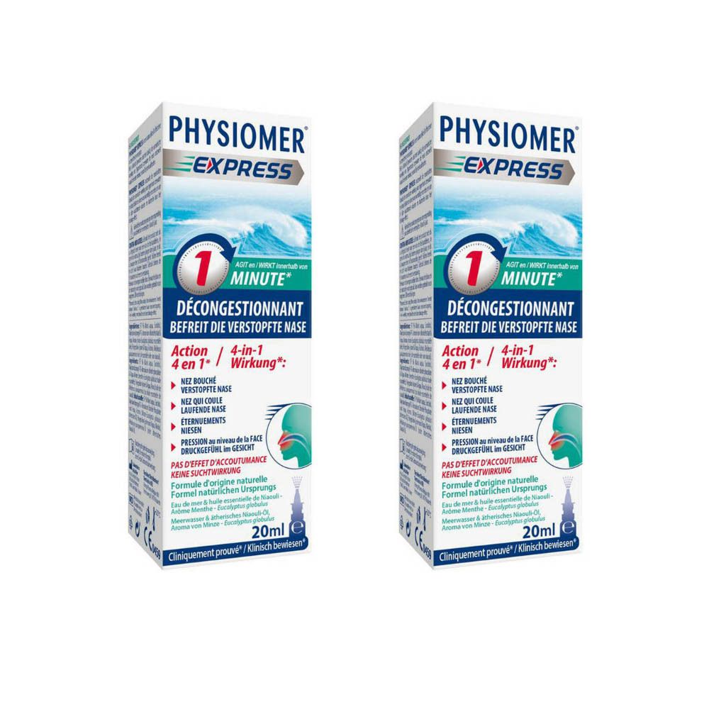 Deux boîtes de Physiomer Express. Emballage bleu et blanc avec nom et texte du produit. Flacons de 20 ml représentés.