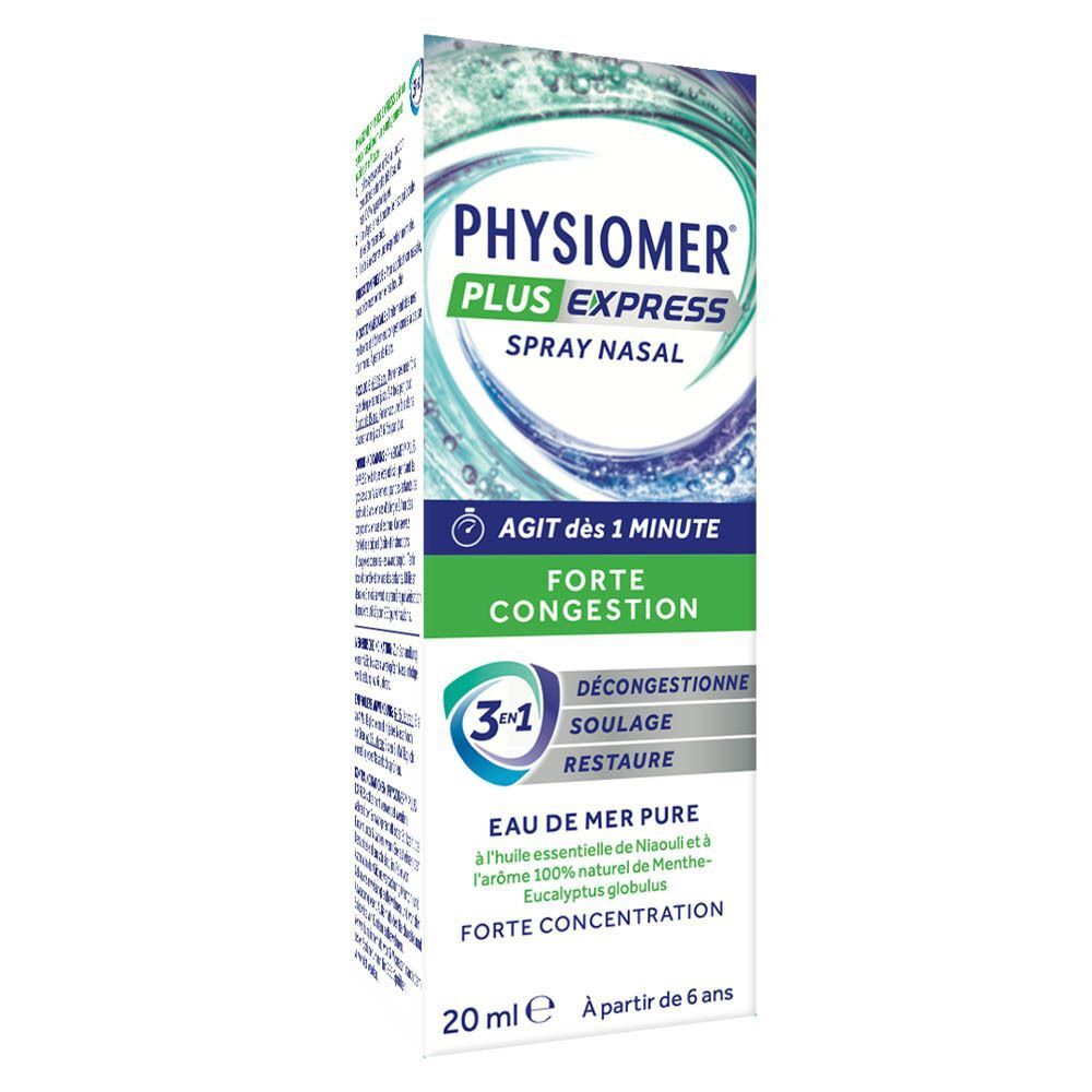 Un flacon de spray nasal Physiomer Plus Express, 20 ml, avec informations détaillées sur le produit.