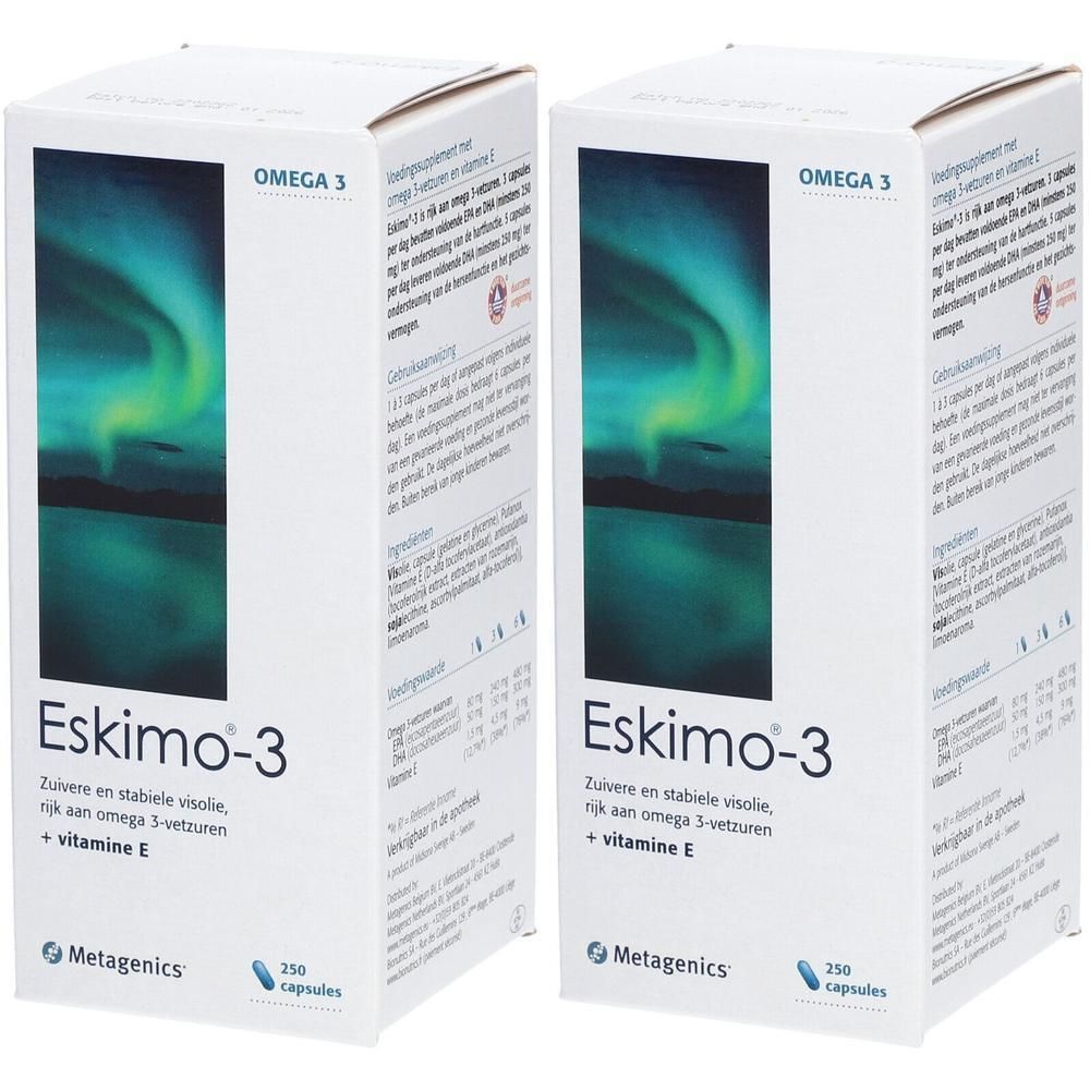 Deux boîtes d'Eskimo-3, supplément d'oméga-3. Emballage blanc avec design bleu-vert et texte.