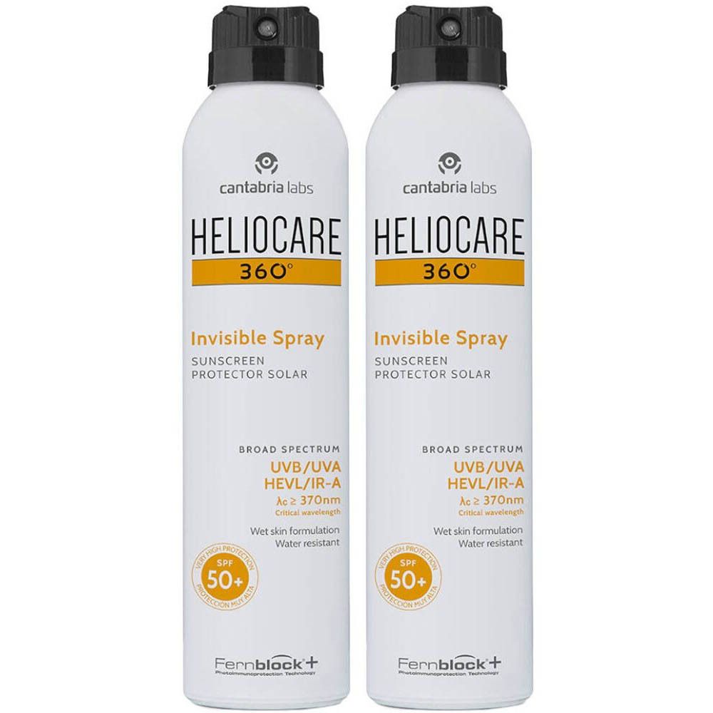 Deux flacons spray blancs avec bouchon noir. Inscription: Heliocare 360° Invisible Spray SPF50+. Cercle jaune avec SPF50+.