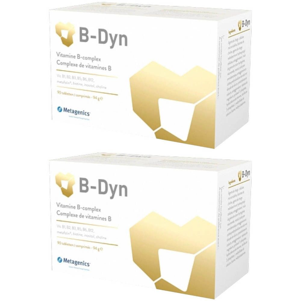 Deux boîtes de B-Dyn, blanches avec logo et texte dorés. Contient un complexe de vitamines B. Marque Metagenics.