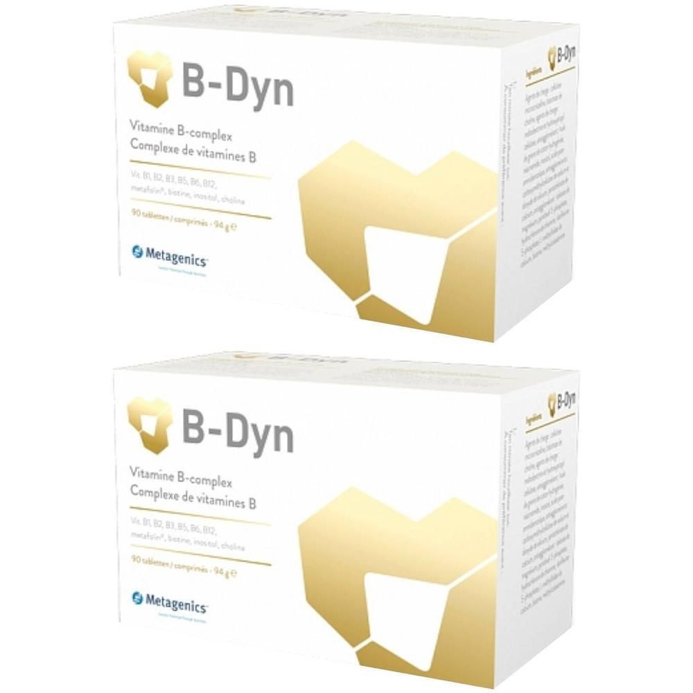 Deux boîtes de B-Dyn, blanches avec logo et texte dorés. Contient un complexe de vitamines B. Marque Metagenics.