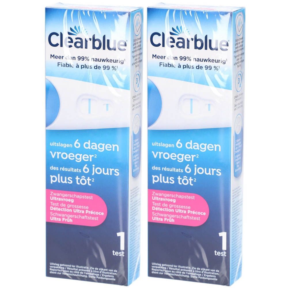 Deux boîtes Clearblue® Early Détection Précoce. Emballage bleu, symbole de test blanc. Texte: 6 jours plus tôt, 1 test.