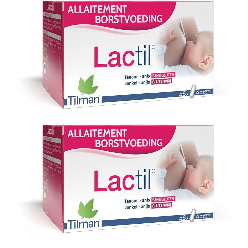 Deux boîtes de Lactil. Boîtes rouges et blanches avec nom du produit et image d'un bébé allaité. Texte: ALLAITEMENT BORSTVOEDING.