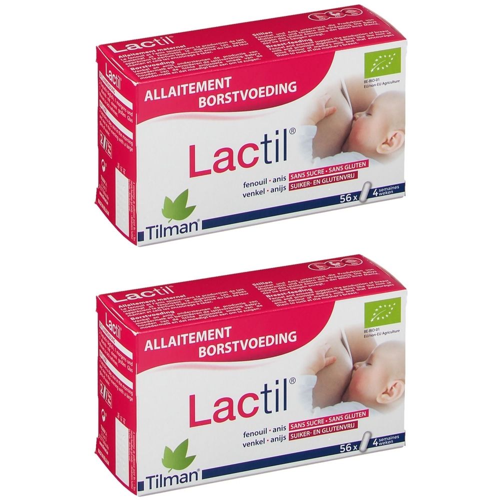 Deux boîtes de Lactil. Boîtes rouges et blanches avec nom du produit et image d'un bébé allaité. Texte: ALLAITEMENT BORSTVOEDING.