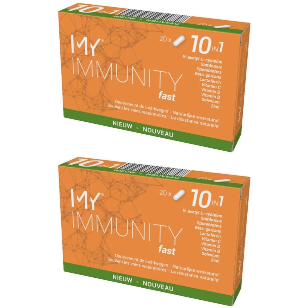 Deux boîtes de MY®IMMUNITY fast. Emballage orange avec texte blanc. Contient 20 comprimés et 10 ingrédients.